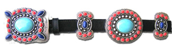 Black Leather Belt w/ Blue Turquoise, Cobalt & Coral Stone Conchos