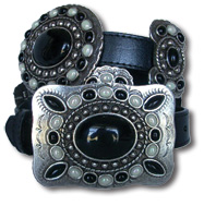 Black Leather Belt w/Onyx & Pearl Stone Conchos