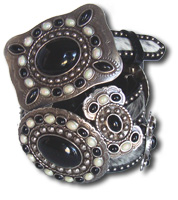Salt & Pepper Cowhide Belt w/Onyx & Pearl Stone Oval & Butterfly Conchos