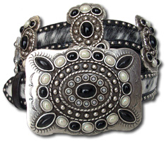 Salt & Pepper Cowhide Belt w/Pearl & Onyx Butterfly Conchos