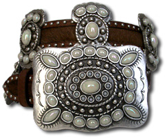Brindle Cowhide Belt w/Pearl Stone Butterfly Conchos