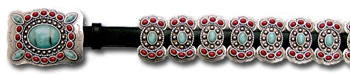 Leather Belt w/ Turquoise & Coral Stone Butterfly Conchos