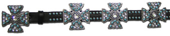 Black Leather Belt w/ Blue Turquoise & AB Crystal Maltese Cross Conchos