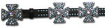 Black Leather Belt w/ Blue Turquoise & AB Crystal Maltese Cross Conchos