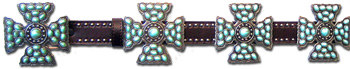 Brown Leather Belt w/ Turquoise Stone Maltese Cross Conchos
