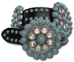 Black Leather Belt w/Turquoise & Crystal Flower Conchos