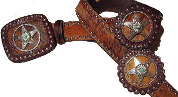 Brindle Cowhide with Leather Rosets and star conchos with Turquoise stone accentsby SSM belts.