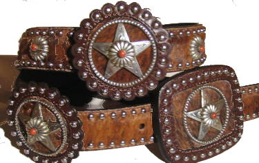 Brindle Cowhide with Star rossets and Coral stone accent by SSM belts