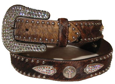 Brindle Cowhide Ladies Belt with accented Swarovski Crystal conchos