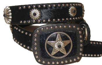 Black Ladies Cowhide Belt with Silver starburst Conchos with Black stone accents by SSM belts.