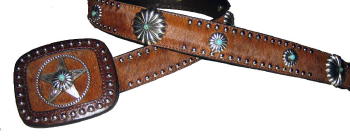 Brindle Cowhide with Turquoise accented ConchosBlack Cowhide with Turquoise accented conchos by SSM Belts.