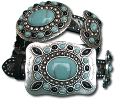 Salt & Pepper Cowhide Belt  w/Onyx & Turquoise Stone Butterflies & Conchos