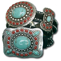 Salt & Pepper Cowhide Belt  w/ Nailhead Trim & Turquoise & Coral Conchos