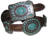 Brindle Cowhide Belt  w/ Nailhead Trim & Turquoise Stone Conchos