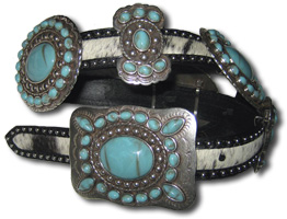 Salt-Pepper Cowhide Belt  w/ Nailhead Trim & Turquoise Stone Conchos