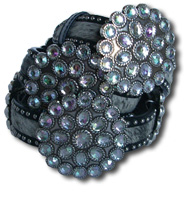 Salt & Pepper Cowhide Belt w/Clear Crystal Flower Conchos