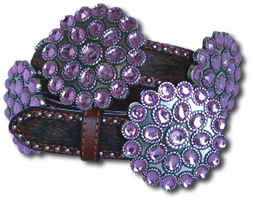 Brindle Cowhide Belt w/Rose Crystal Flower Conchos