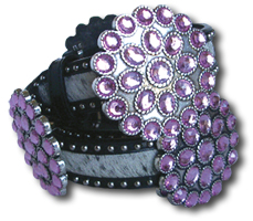 Salt & Pepper Cowhide Belt w/Rose Crystal Flower Conchos