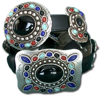 Black Leather Belt w/Multi-Stone Oval & Butterfly Conchos