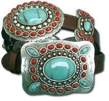 Oil Tanned Leather Belt w/Turquoise & Coral Butterflies & Conchos