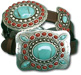 Oil Tanned Leather Belt w/Turquoise & Coral Butterflies & Conchos