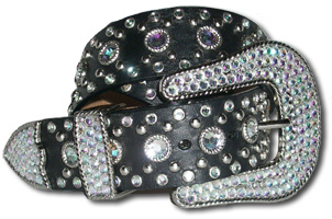 Black Leather Belt w/Crystal Buckle Set
