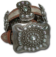Natural Leather & Light Roan Cowhide Belt w/ AB Crystal Butterfly Conchos