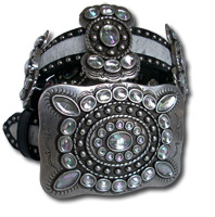 Black Leather & Salt & Pepper Cowhide Belt w/ AB Crystal Butterfly Conchos